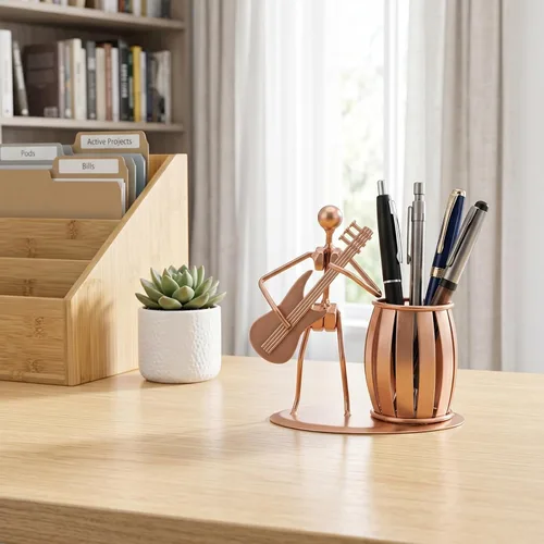 Miniatura 2 de MyGift Soporte para bolígrafo para escritorio, taza de lápiz decorativa con diseño de guitarra, accesorios y decoración para hombres, escritorio