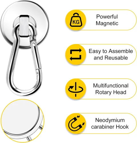 Miniatura 3 de DIYMAG Ganchos magnéticos de 70 libras, paquete de 6 imanes de neodimio resistentes con mosquetón giratorio, ideal para tu refrigerador y otras
