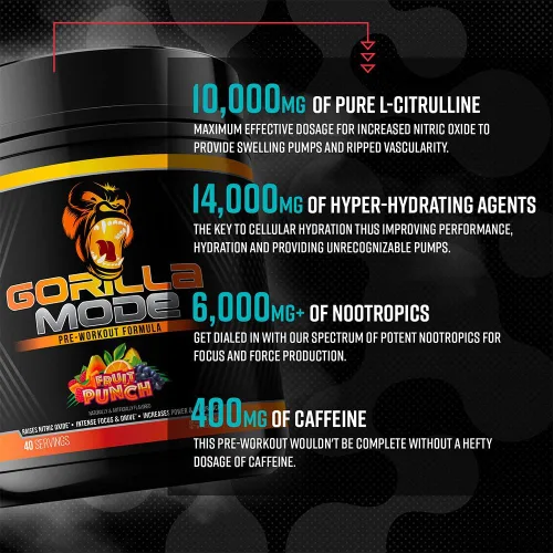 Miniatura 5 de Gorilla Mind Pre entrenamiento - Bombas masivas de energía de enfoque láser - L-citrulina, creatina, L-tirosina, betaína, hidroprime, alfa-GPC, 400