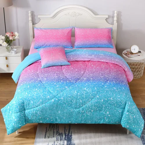 JQinHome Juego de edredón con purpurina tamaño Queen, juego de ropa de cama de 6 piezas en una bolsa, colorido en 3D, rosa y azul, para niñas y Rosa
