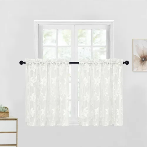Miniatura 35 de DWCN Paquete de 2 cenefas de encaje floral para cocina, 52 x 18 pulgadas, con bolsillo para barra, cortina de gasa para ventana pequeña, cocina
