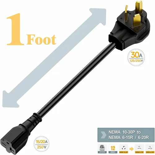 Miniatura 2 de Enchufe de secadora Nema 10-30P de 30 amperios macho a 6-20R T-Blade Hembra, 30A 125/250V Enchufe de 3 clavijas a 20A 250V 6-20/15R Adaptador 12-AWG