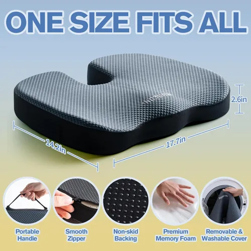 Miniatura 2 de Mureon Cojín para silla de oficina, cojín ergonómico grande de espuma viscoelástica para aliviar la presión de la cadera, soporte antideslizante
