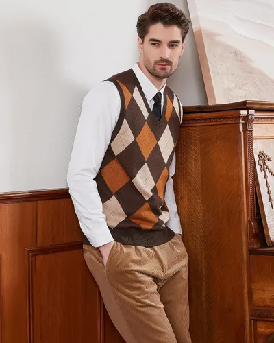 Miniatura 8 de Kallspin Suéter tipo chaleco con rombos para hombre, mezcla de lana, cuello en V, sin mangas