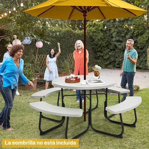 Miniatura 2 de Tangkula Mesa de picnic para 8 personas, mesa de picnic redonda al aire libre con 4 bancos integrados, agujero para paraguas, marco de metal y mesa