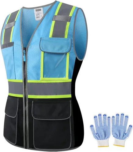 Chaleco de seguridad para mujer, múltiples bolsillos, de alta visibilidad, reflectante, malla transpirable, chaleco de trabajo para dama, cremallera