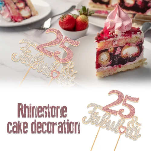 Miniatura 3 de 25 y fabulosa decoración de pastel de diamantes de imitación dorados y rosados – Feliz cumpleaños 25 años saluda a 25 años de edad, decoración