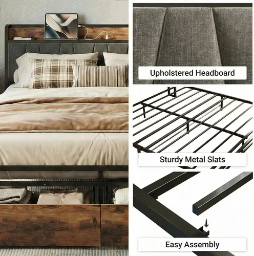 Miniatura 8 de LIKIMIO Base de cama tamaño King, cabecera de almacenamiento con estación de carga, cama de plataforma con cajones, no necesita somier, fácil Marrón