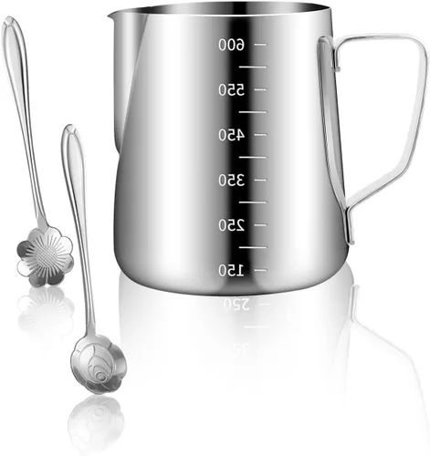 Miniatura 15 de Jarra de espuma de leche de acero inoxidable de 20 onzas / 20.3 fl oz para plantillas de café capuchino de leche, arte de leche, taza de jarra