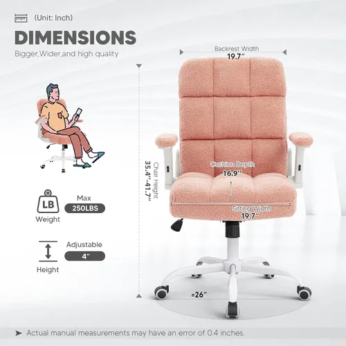 Miniatura 3 de SEATZONE Silla de oficina rosa ergonómica con ruedas, silla de escritorio para computadora de felpa sintética, silla de oficina cómoda para mujeres