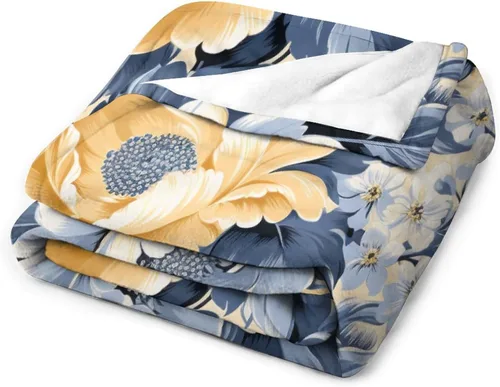 Miniatura 3 de Mantas suaves y mantas para sofá, fina manta de franela de flores amarillas y azules polvorientas, manta de franela de flores amarillas y azules