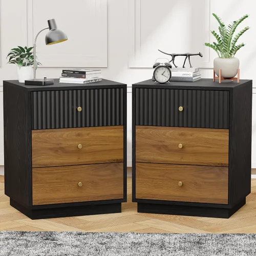 Miniatura 11 de Mesita de noche de 23.6 pulgadas de alto con 3 cajones de almacenamiento, mesita de noche acanalada con asas de metal, mesa auxiliar moderna