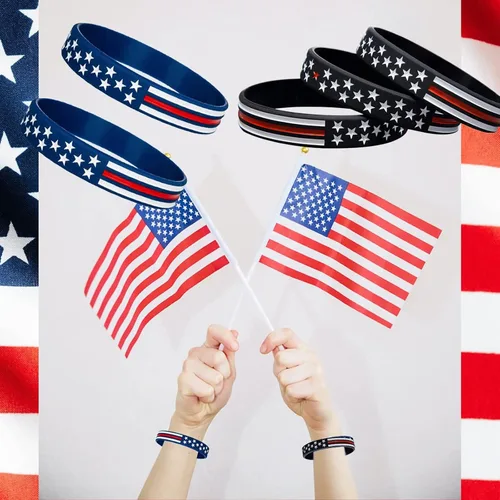 Miniatura 3 de COYOUCO Paquete de 10 pulseras con la bandera estadounidense, fina línea roja, de goma de silicona, para americanismo, patriótico, vacaciones