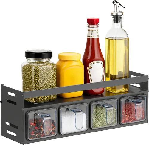 Estante de especias de cocina, organizador de cocina y estante de almacenamiento con 4 cucharas, organización de especias para gabinetes, pared o