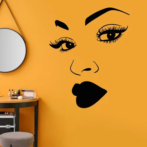 Miniatura 2 de Vinilo adhesivo de pared de mujer africana, maquillaje niña, pestañas faciales, labios, decoración grande (2213ig) negro