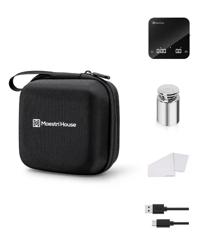 Maestri House Mini Báscula de Café Kit de Barista con Peso de Calibración de 100g y Estuche de Transporte, Báscula de Espresso Recargable con Caja