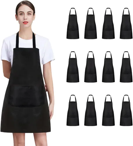 Paquete de 8/12/24 delantales lisos a granel, delantal comercial negro con 2 bolsillos, delantal unisex para adultos, pintura y barbacoa