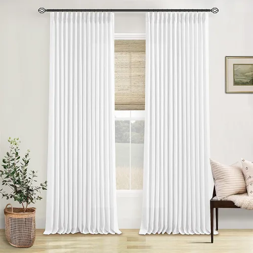 Miniatura 64 de Cortinas de lino natural con pliegues fruncidos de 120 pulgadas de largo para sala de estar, cortinas plisadas con ganchos y lengüeta trasera