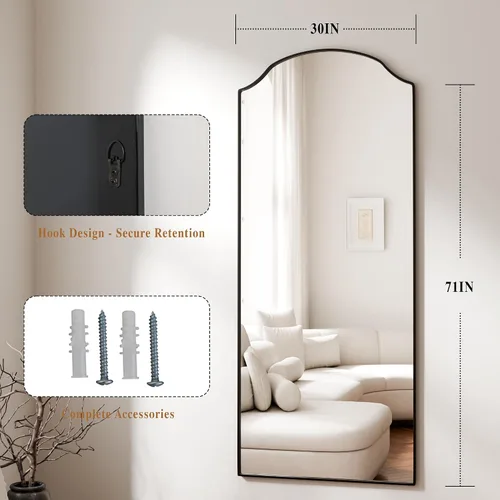 Miniatura 5 de BEAUTYPEAK Espejo de longitud completa, espejos de cuerpo completo con diseño arqueado único, espejo de piso de 71 x 30 pulgadas con marco