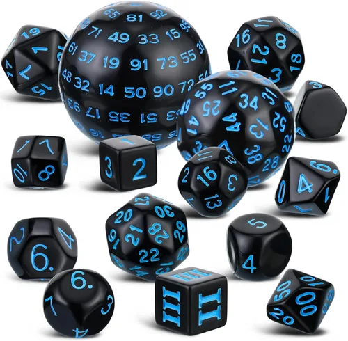 Civaner Juego completo de 15 dados poliédricos D3-D100 esféricos RPG en negro opaco, 100 lados para juegos de rol, suministros de fiesta (negro y