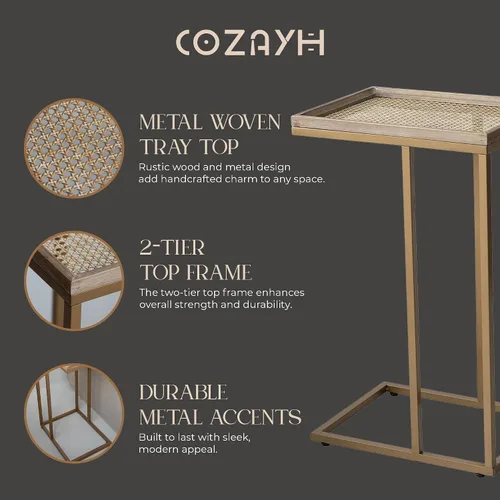Miniatura 5 de COZAYH Mesa auxiliar de sofá en forma de C de granja con bandeja tejida de madera rústica y metal y marco de metal, mesa auxiliar para sala de Negro