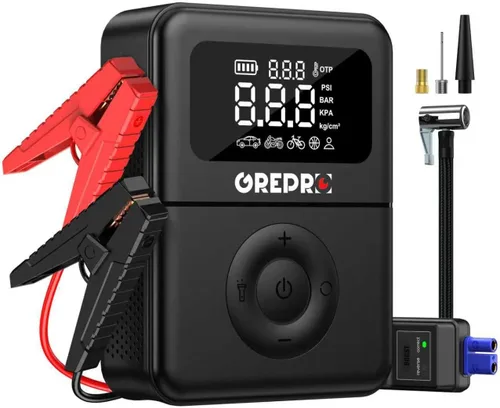 GREPRO Arrancador de salto con compresor de aire, batería de 5000 A portátil (10.0 L de gas/8.0 L diesel), inflador de neumáticos de 150 PSI,