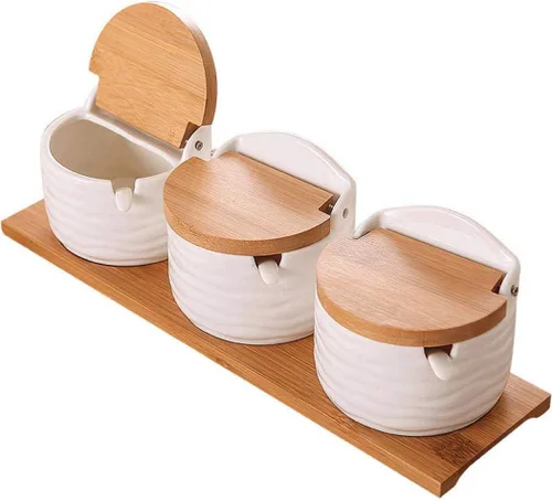 Miniatura 8 de Tarro de condimentos de porcelana con bandeja, cuchara de cerámica y tapa, recipiente de condimentos de cerámica para especias y azúcar, caja