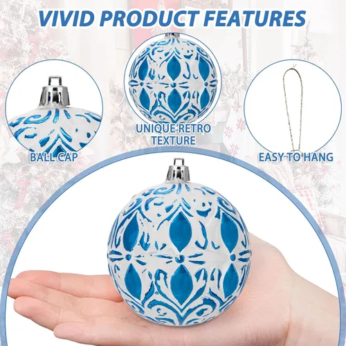 Miniatura 3 de Hollyone Adornos de bola de Navidad de 3.15 pulgadas / 80 mm, azul, 12 piezas, irrompibles, juego de adornos en relieve para árbol de Navidad