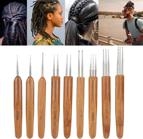 Miniatura 5 de Herramienta de gancho de ganchillo para rastas, 9 unids/set individual doble de tres ganchos, mango de bambú, gancho de ganchillo, aguja trenzada