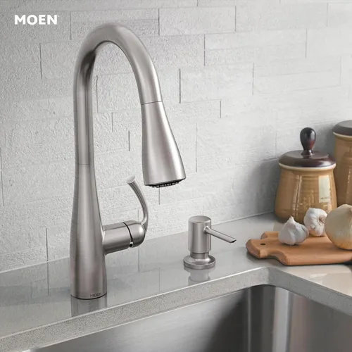 Miniatura 10 de Moen Essie 87014SRS - Juego de grifo de fregadero de cocina con rociador desplegable de acero inoxidable resistente a los puntos con dispensador