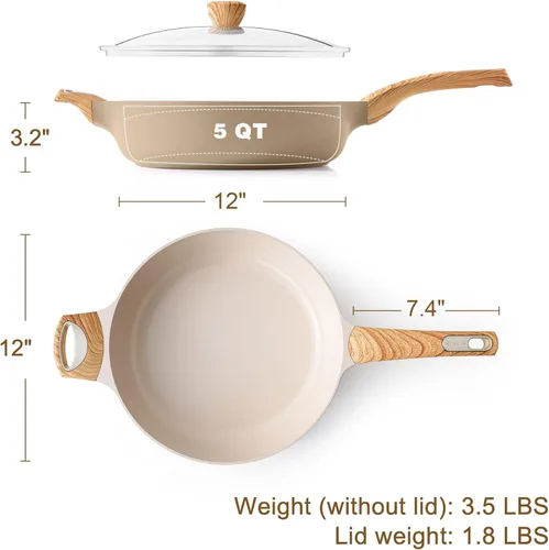 Miniatura 6 de SENSARTE Sartén antiadherente de cerámica con tapa, sartén grande de 12 pulgadas, sartén profunda de 5 cuartos de galón, sartén de inducción, sartén