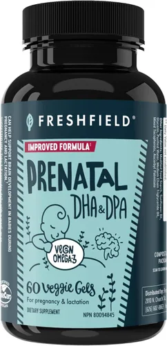Freshfield Omega 3 DHA vegano prenatal: sostenible, sin carragenina, probado por terceros, botella compostable, neutro en carbono. Apoya el corazón,