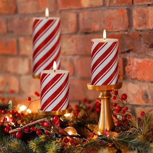 Miniatura 3 de Velas de pilar sin llama con rayas rojas con temporizador, velas parpadeantes de cera real que funcionan con pilas para decoración navideña