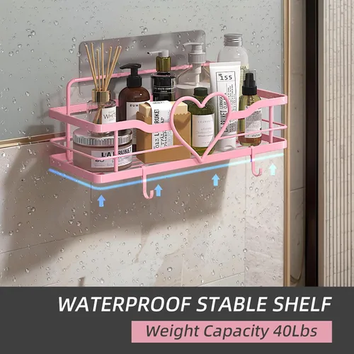 Miniatura 3 de Organizador de ducha rosa con 4 ganchos extraíbles, 2 paquetes de estantes de ducha Sweet Heart, estante organizador adhesivo sin perforaciones