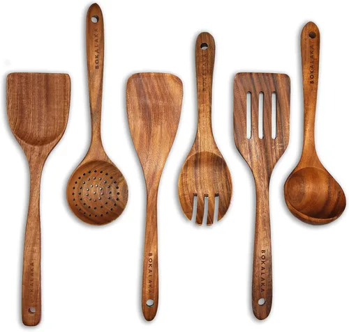 Miniatura 10 de Juego de utensilios de cocina de madera de teca, 7 piezas, utensilios de cocina de madera, incluye espátula