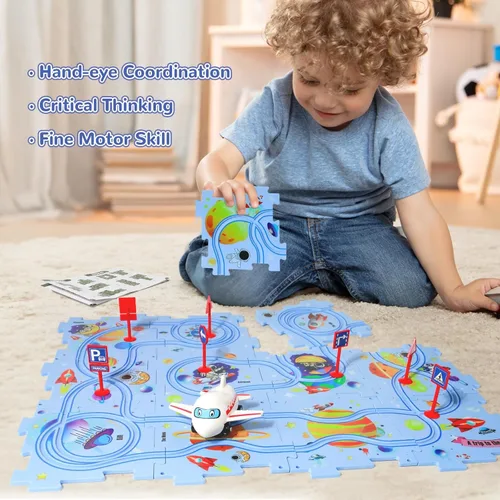 Miniatura 2 de Rompecabezas de Piso de Plástico para Niños con Coche de Juguete de Avión, Conjunto de Juego de Coches de Pista con Rompecabezas, Juguetes