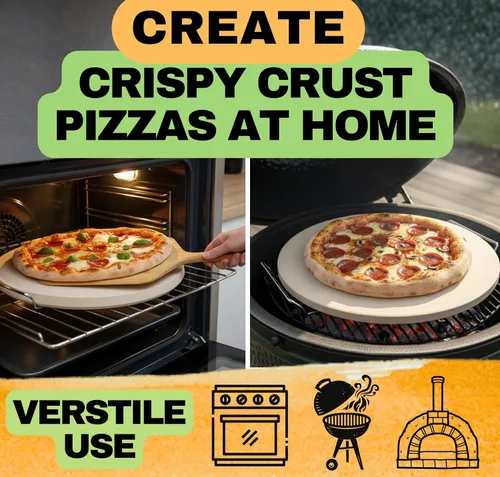 Miniatura 2 de Piedra de pizza grande para horno de 16 pulgadas, piedra redonda para pizza para parrilla con asas, juego de pala y cortador de pizza de madera