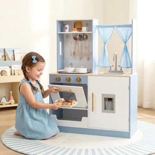 Miniatura 10 de INFANS Juego de cocina para niños, juego de cocina de madera con estufa, fregadero, microondas, armario de almacenamiento, juego de juguetes