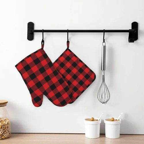 Miniatura 7 de Manoplas de horno y soportes para ollas a cuadros de búfalo negro y rojo, juego de 4 piezas, guantes de horno de silicona a cuadros negros y rojos