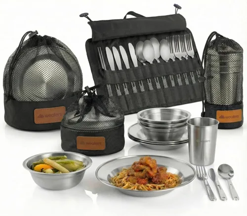 Miniatura 6 de Wealers - Juego completo de vajilla viajera de acero inoxidable pulido, vajilla para campamento o para bufet. Incluye vasos, platos, tazones, Verde