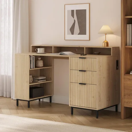 Miniatura 5 de Escritorio ejecutivo de 47 pulgadas con cajón estriado, moderno escritorio de oficina en casa con soporte largo para monitor y 2 cajones, escritorio