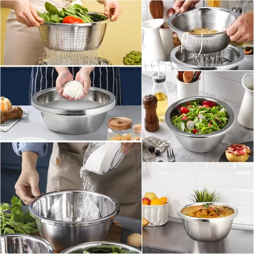 Miniatura 6 de Colador de acero inoxidable 304 de 3 cuartos con tazones para mezclar, colador para alimentos de cocina para lavar verduras, frutas, arroz, apto