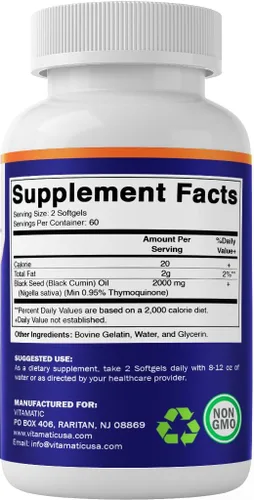 Miniatura 8 de Vitamatic Aceite de semilla negra de 2000 mg por porción, aceite de Nigella sativa prensado en frío, cápsulas blandas de alta potencia para apoyo