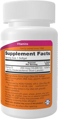 Miniatura 2 de NOW Foods Suplementos, Vitamina D-3 10,000 UI, Máxima Potencia, Apoyo Estructural*, 120 cápsulas blandas