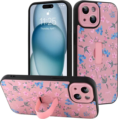 Miniatura 32 de Funda diseñada para iPhone 17 Pro Max con soporte plegable y correa para dedos, bonito patrón de lazo de corazón de flor rosa para mujeres y niñas