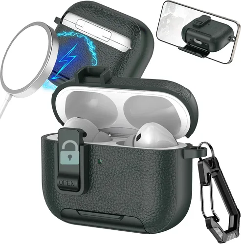 Miniatura 15 de Funda de cuero con clip de bloqueo para AirPods Pro 2ª/1ª con mosquetón, soporte de carga inalámbrica con soporte, cubierta de protección resistente
