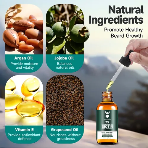 Miniatura 5 de Aceite para el crecimiento de la barba, aceite de biotina para barba de concentración 2X para hombres (2 onzas), aceite natural para barba