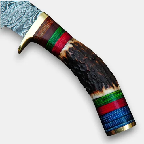 Miniatura 4 de Rait tail Hecho a mano forjado a mano Damasco caza/desollar cuchillo Stag/asta mango con funda