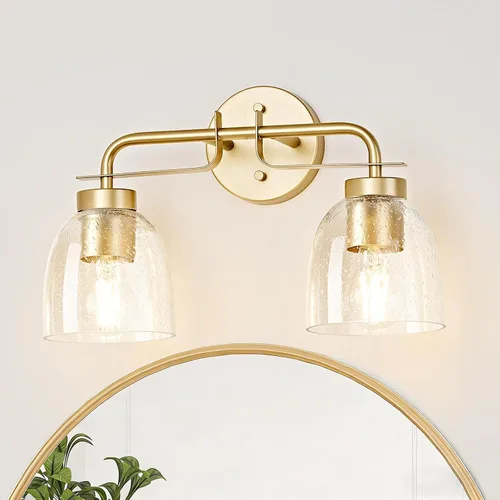 Miniatura 13 de Luces de tocador modernas de mediados de siglo de 16 pulgadas, lámpara dorada de 2 luces con pantallas de campana blancas esmeriladas, aplique