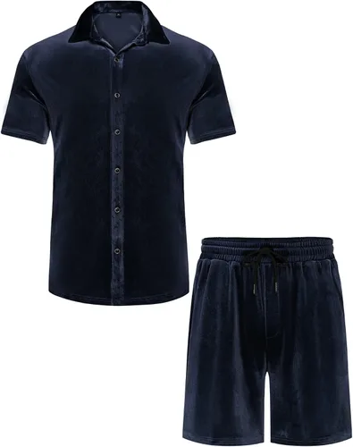 Miniatura 4 de LecGee Conjunto de pantalones cortos casuales de verano para hombre, camisa de terciopelo de manga corta con botones, pantalones cortos de cintura
